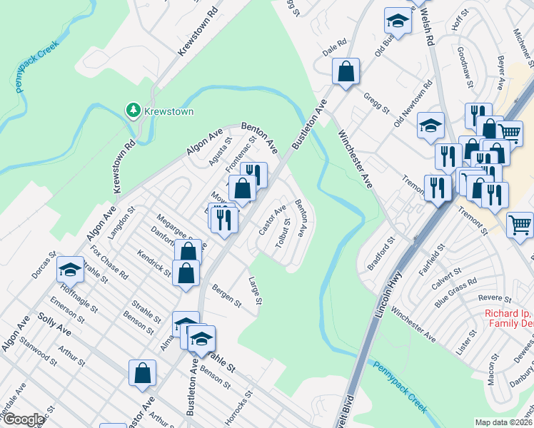 map of restaurants, bars, coffee shops, grocery stores, and more near 8570 Tolbut Street in Philadelphia
