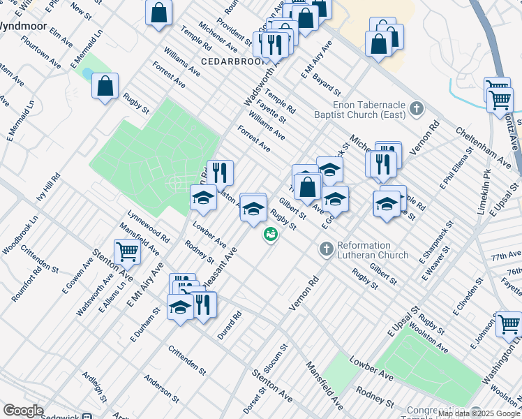 map of restaurants, bars, coffee shops, grocery stores, and more near 8128 Rugby Street in Philadelphia