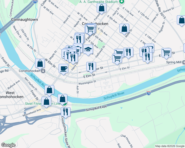 map of restaurants, bars, coffee shops, grocery stores, and more near 313 State Route 3059 in Conshohocken