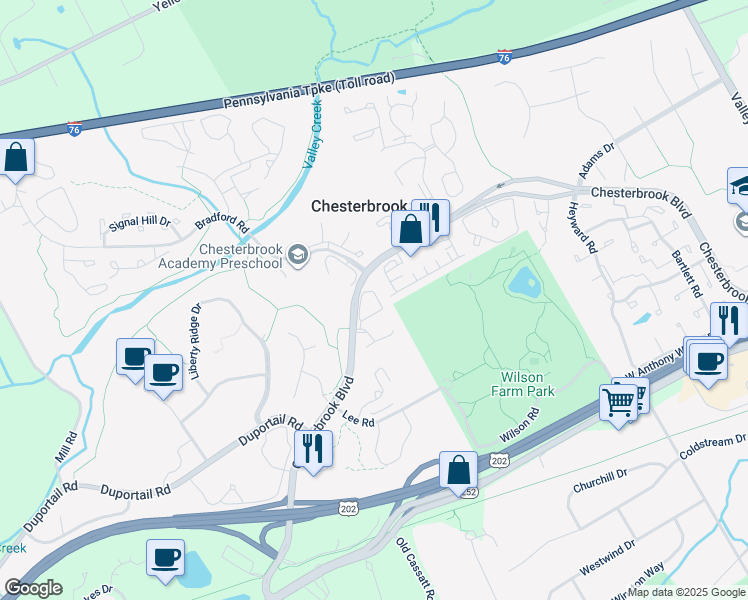 map of restaurants, bars, coffee shops, grocery stores, and more near 703 Cheswold Court in Chesterbrook