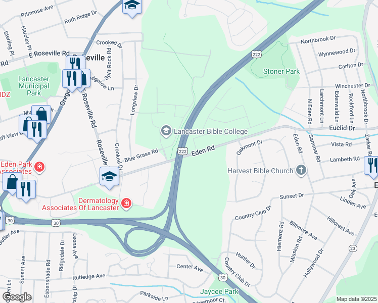 map of restaurants, bars, coffee shops, grocery stores, and more near 933 Eden Road in Lancaster