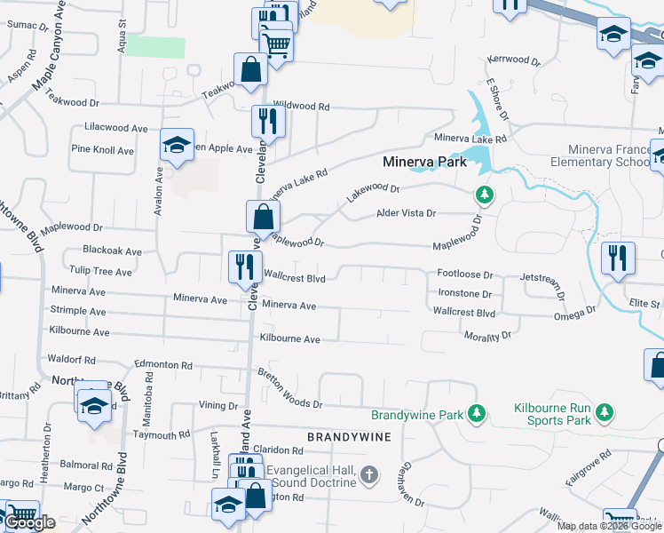 map of restaurants, bars, coffee shops, grocery stores, and more near 5048 Blue Meadow Court in Columbus