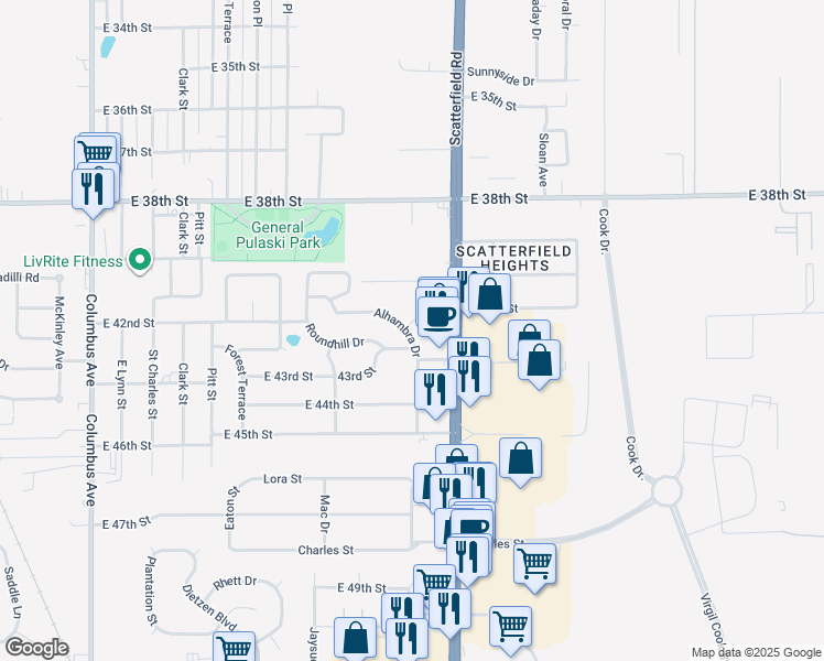 map of restaurants, bars, coffee shops, grocery stores, and more near 4216 Alhambra Drive in Anderson