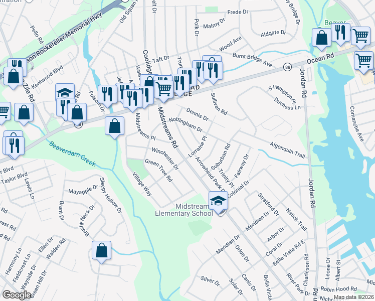 map of restaurants, bars, coffee shops, grocery stores, and more near 120 Arrowhead Park Drive in Brick Township