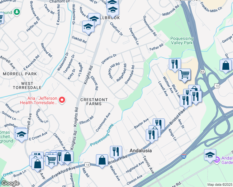 map of restaurants, bars, coffee shops, grocery stores, and more near 147 Dimarco Drive in Philadelphia