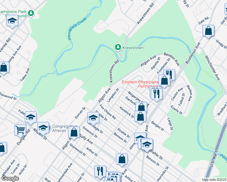 map of restaurants, bars, coffee shops, grocery stores, and more near 8388 Langdon Street in Philadelphia