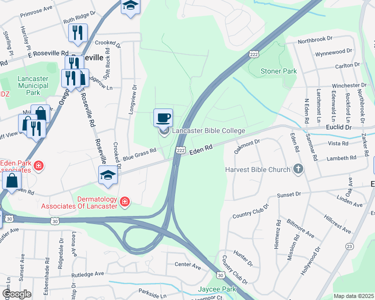 map of restaurants, bars, coffee shops, grocery stores, and more near 933 Eden Road in Lancaster