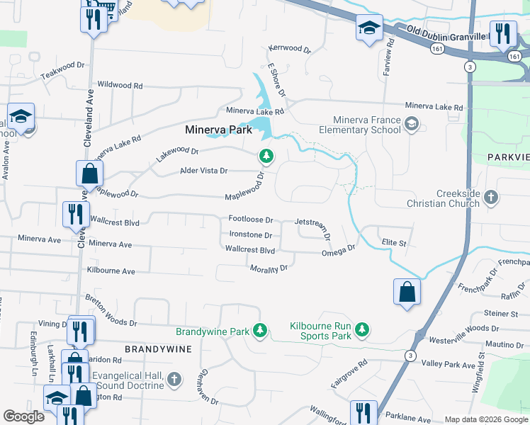 map of restaurants, bars, coffee shops, grocery stores, and more near 2974 Footloose Drive in Columbus