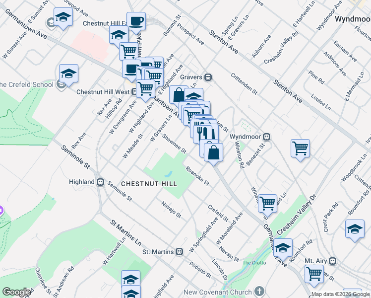 map of restaurants, bars, coffee shops, grocery stores, and more near 8201 Shawnee Street in Philadelphia