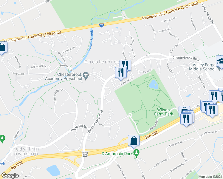 map of restaurants, bars, coffee shops, grocery stores, and more near 401 Cheswold Court in Wayne