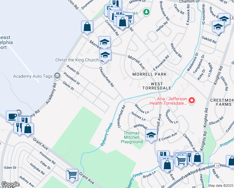 map of restaurants, bars, coffee shops, grocery stores, and more near 3382 Chesterfield Road in Philadelphia