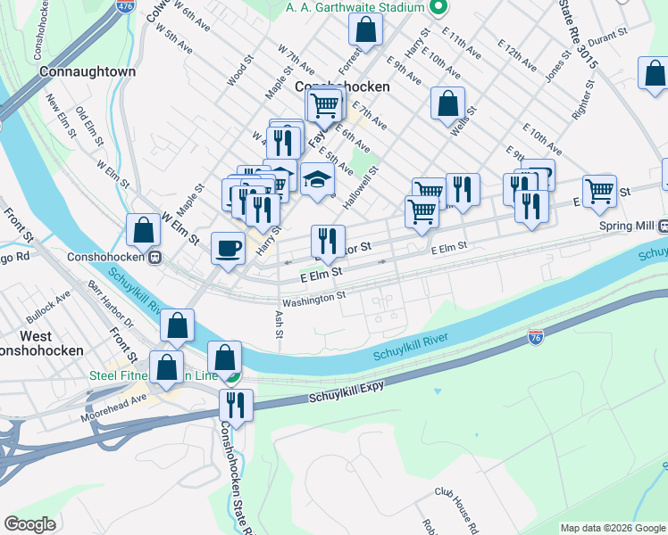 map of restaurants, bars, coffee shops, grocery stores, and more near 300 East Elm Street in Conshohocken