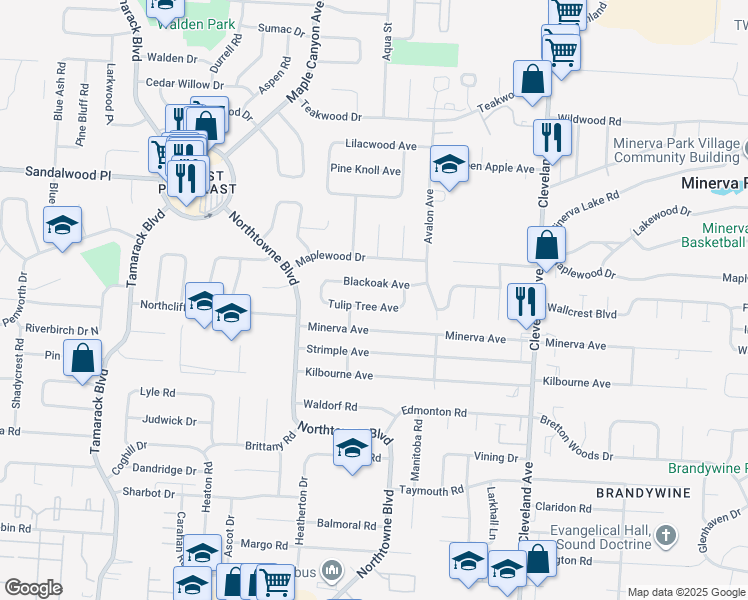 map of restaurants, bars, coffee shops, grocery stores, and more near 2210 Tulip Tree Avenue in Columbus