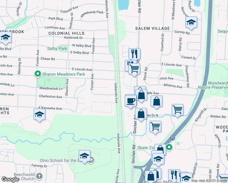 map of restaurants, bars, coffee shops, grocery stores, and more near 5269 Indianola Avenue in Columbus