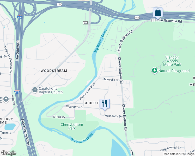 map of restaurants, bars, coffee shops, grocery stores, and more near 5595 Walnut View Boulevard in Columbus