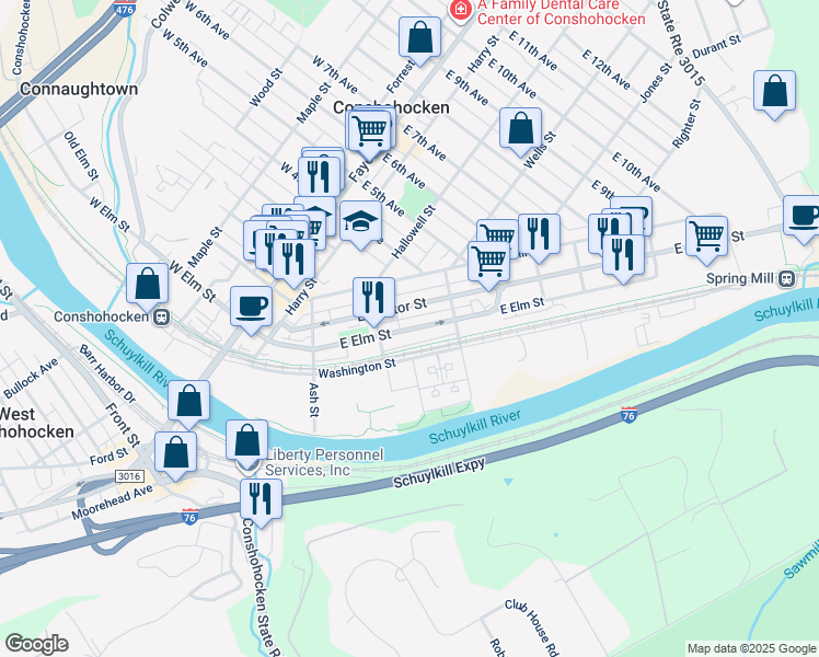 map of restaurants, bars, coffee shops, grocery stores, and more near 334 East Elm Street in Conshohocken