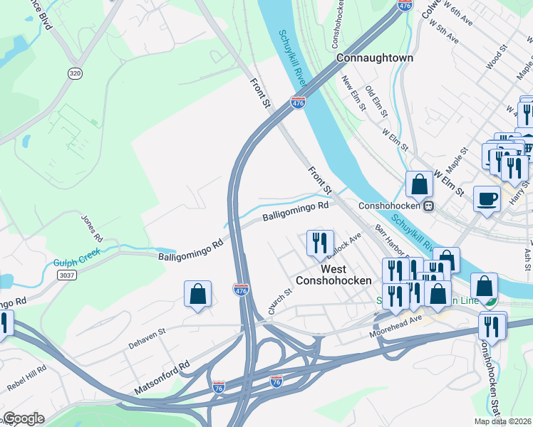 map of restaurants, bars, coffee shops, grocery stores, and more near 24 Balligomingo Road in Conshohocken