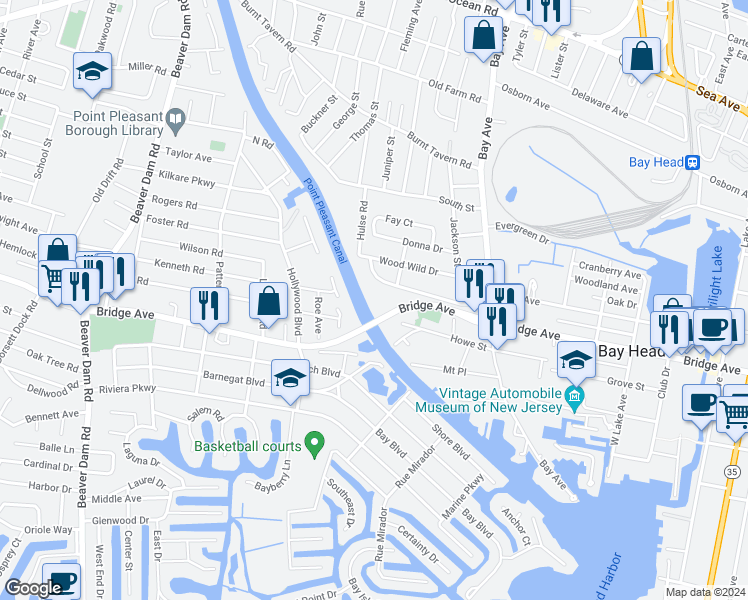 map of restaurants, bars, coffee shops, grocery stores, and more near 1641 Elm Avenue in Point Pleasant
