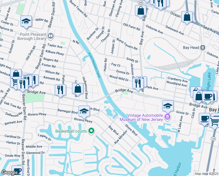 map of restaurants, bars, coffee shops, grocery stores, and more near 1641 Elm Avenue in Point Pleasant