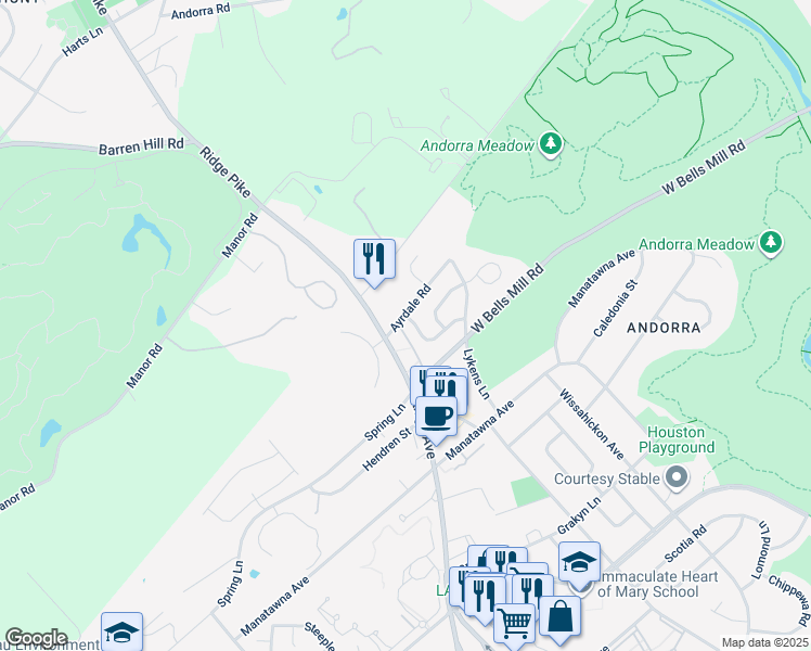 map of restaurants, bars, coffee shops, grocery stores, and more near 822 Ayrdale Road in Philadelphia