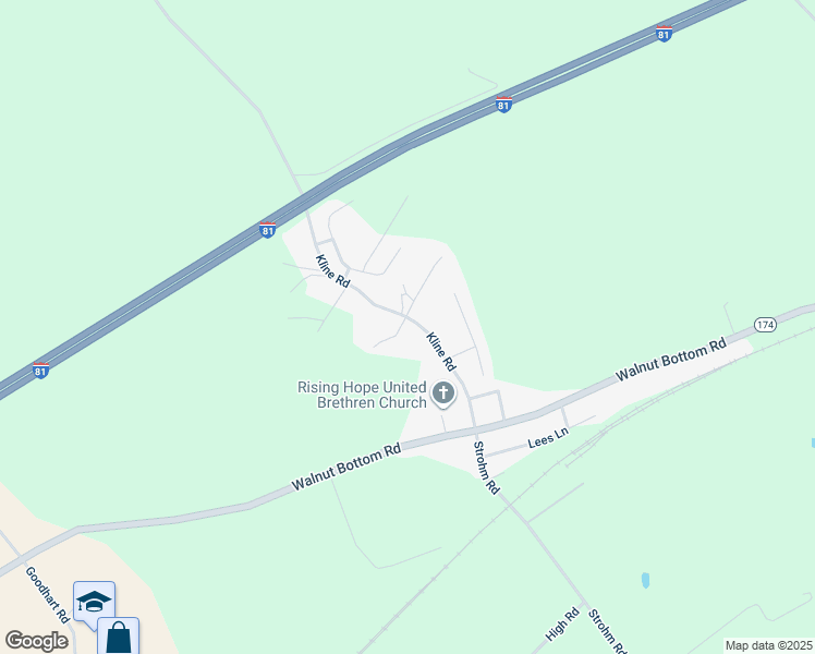 map of restaurants, bars, coffee shops, grocery stores, and more near 149 Kline Road in Shippensburg