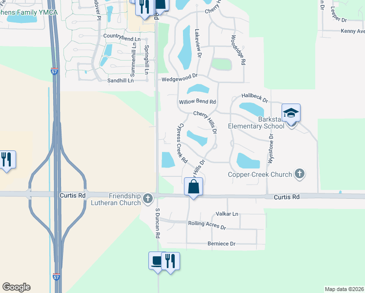 map of restaurants, bars, coffee shops, grocery stores, and more near 3304 Cypress Creek Road in Champaign