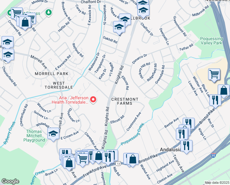 map of restaurants, bars, coffee shops, grocery stores, and more near 10907 Knights Road in Philadelphia