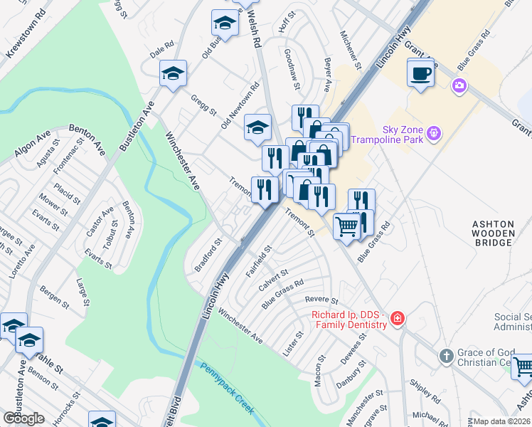 map of restaurants, bars, coffee shops, grocery stores, and more near 4600 Roosevelt Blvd in Philadelphia