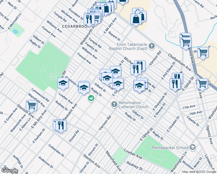 map of restaurants, bars, coffee shops, grocery stores, and more near 8258 Lowber Avenue in Philadelphia