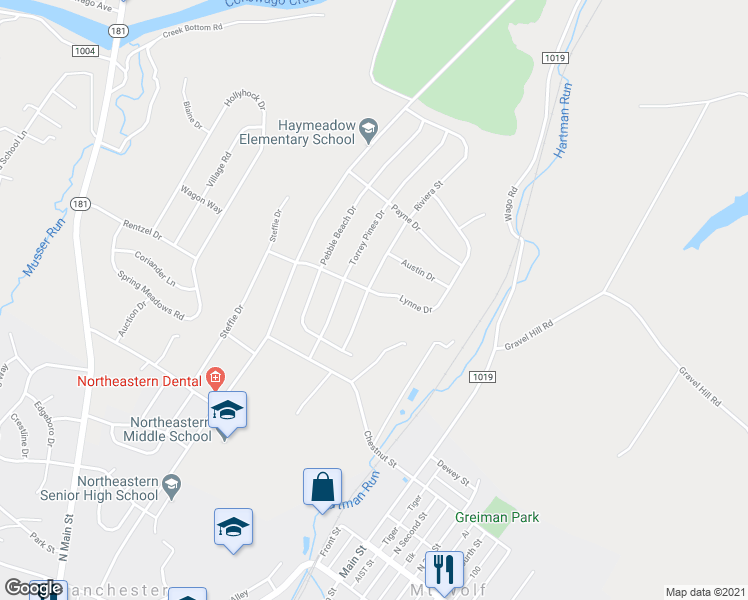 map of restaurants, bars, coffee shops, grocery stores, and more near 386 Lynne Drive in Mount Wolf