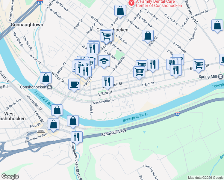 map of restaurants, bars, coffee shops, grocery stores, and more near 313 State Route 3059 in Conshohocken