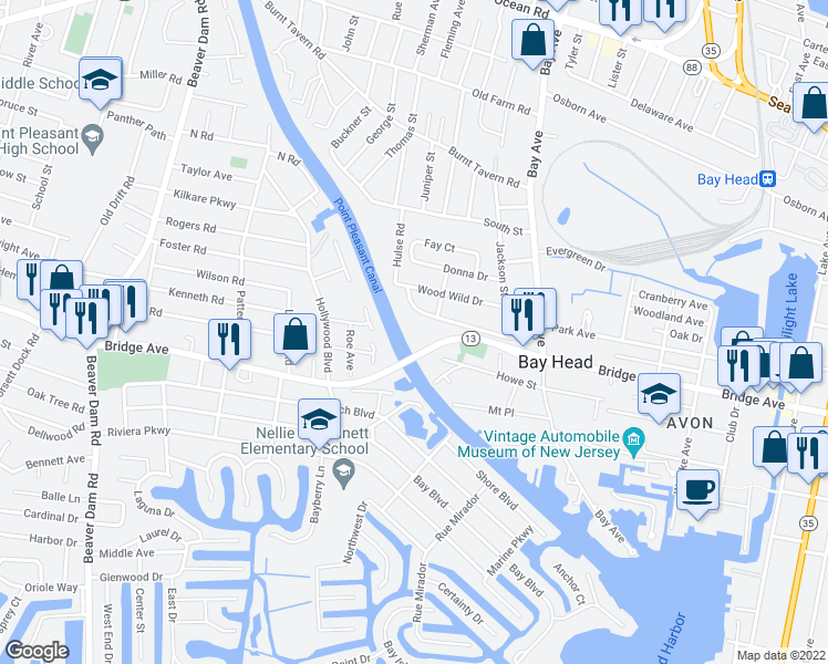 map of restaurants, bars, coffee shops, grocery stores, and more near 1641 Elm Avenue in Point Pleasant