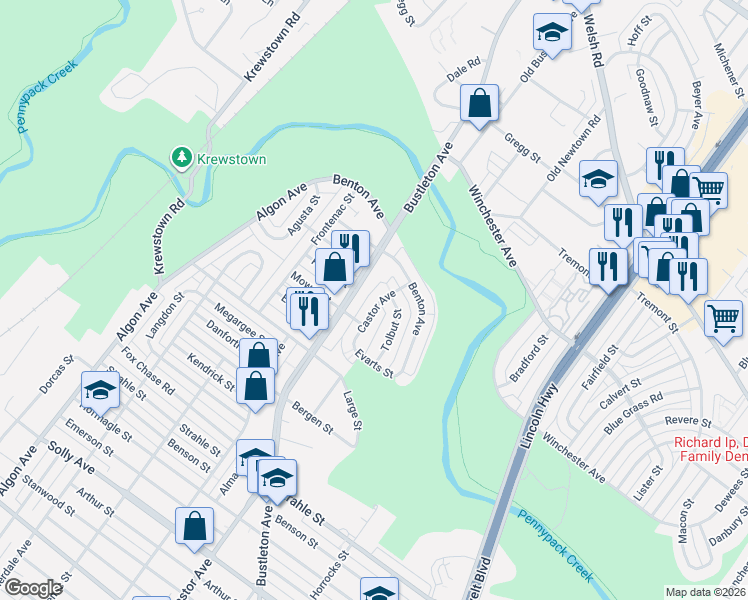 map of restaurants, bars, coffee shops, grocery stores, and more near 8570 Tolbut Street in Philadelphia