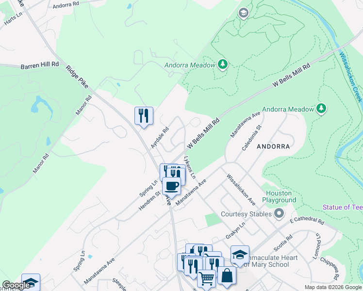 map of restaurants, bars, coffee shops, grocery stores, and more near 847 Green Valley Drive in Philadelphia