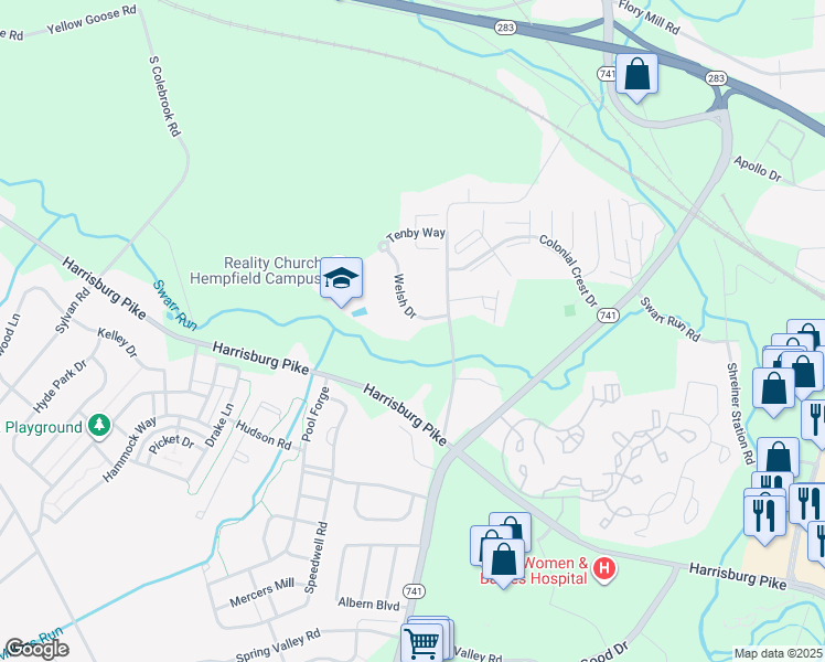 map of restaurants, bars, coffee shops, grocery stores, and more near 50 Welsh Drive in Lancaster