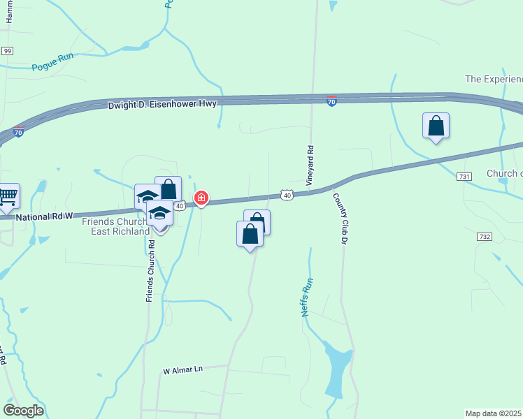 map of restaurants, bars, coffee shops, grocery stores, and more near 67960 Mills Road in Saint Clairsville