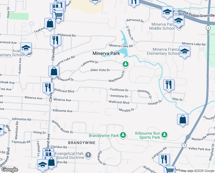 map of restaurants, bars, coffee shops, grocery stores, and more near 2886 Wallcrest Boulevard in Columbus