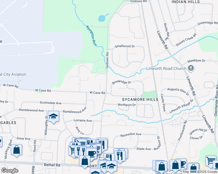 map of restaurants, bars, coffee shops, grocery stores, and more near 1347 Brookridge Drive in Columbus