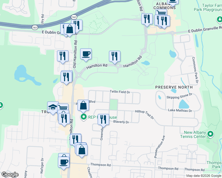 map of restaurants, bars, coffee shops, grocery stores, and more near 6034 Tetlin Field Drive in New Albany