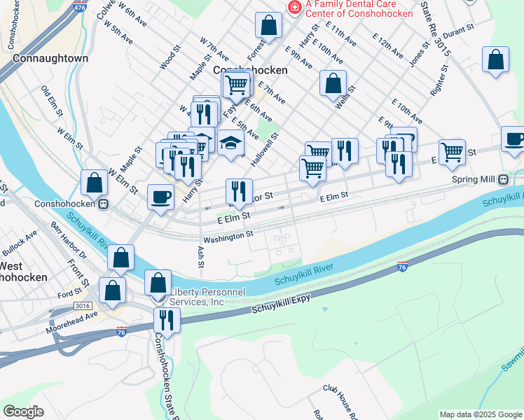 map of restaurants, bars, coffee shops, grocery stores, and more near 334 East Elm Street in Conshohocken