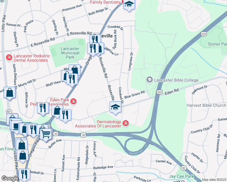 map of restaurants, bars, coffee shops, grocery stores, and more near 619 East Roseville Road in Lancaster