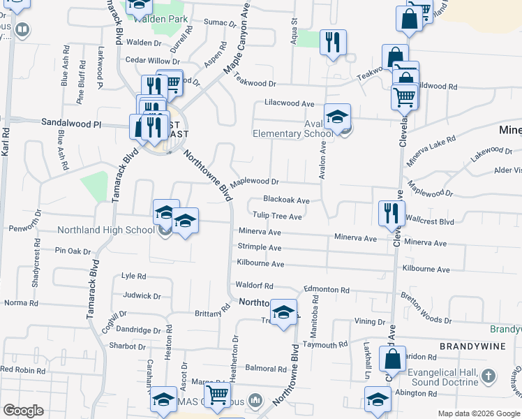 map of restaurants, bars, coffee shops, grocery stores, and more near 2156 Tulip Tree Avenue in Columbus
