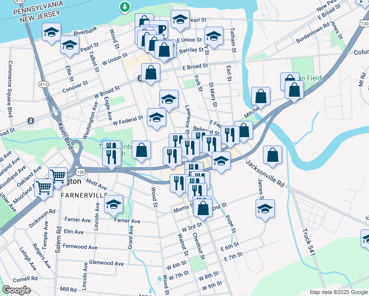 map of restaurants, bars, coffee shops, grocery stores, and more near 601 High Street in Burlington