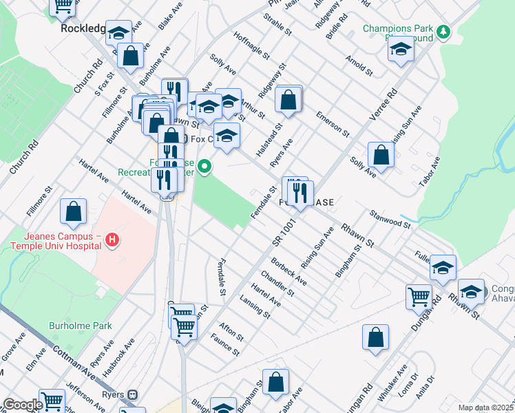 map of restaurants, bars, coffee shops, grocery stores, and more near 7930 Ferndale Street in Philadelphia