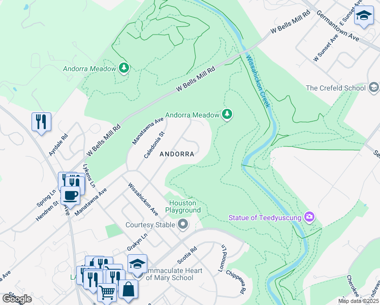 map of restaurants, bars, coffee shops, grocery stores, and more near 8604 Thomas Mill Terrace in Philadelphia