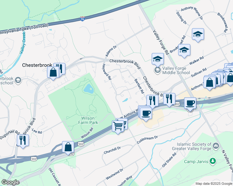 map of restaurants, bars, coffee shops, grocery stores, and more near 3 Chateau Circle in Chesterbrook