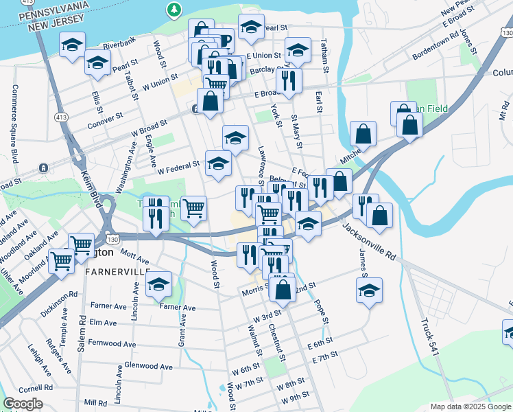 map of restaurants, bars, coffee shops, grocery stores, and more near 601 High Street in Burlington