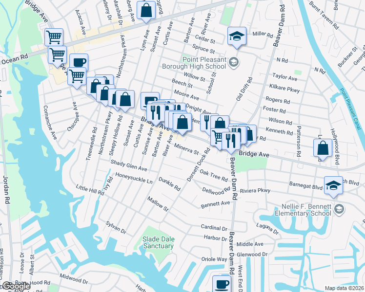 map of restaurants, bars, coffee shops, grocery stores, and more near 2415 Minerva Street in Point Pleasant