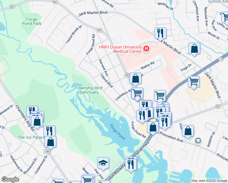 map of restaurants, bars, coffee shops, grocery stores, and more near 1677 Tilford Boulevard in Brick
