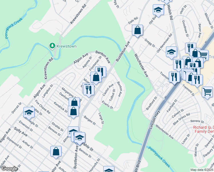 map of restaurants, bars, coffee shops, grocery stores, and more near 8570 Tolbut Street in Philadelphia